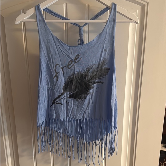 Tops - Blue Fringe Tank Top with Feather Design
